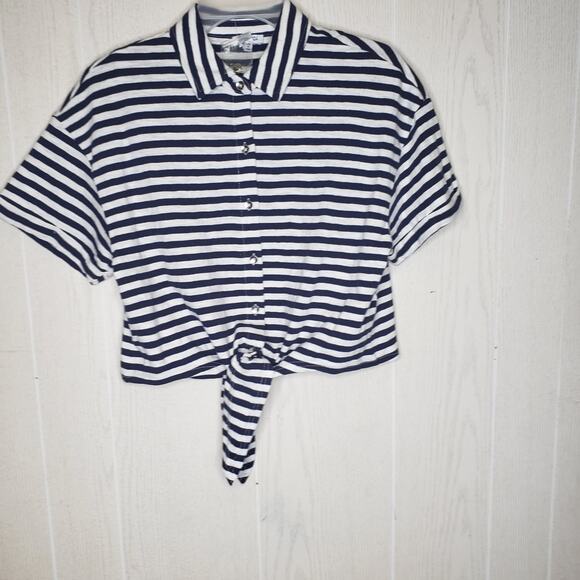 New Splendid navy white nautical shirt tie front cropped size xSmall - Picture 3 of 6